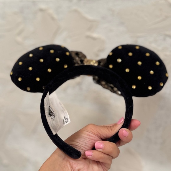 Disney Parks Black Jeweled Studded Gold Minnie Mouse Plush Ear Headband - Picture 6 of 7